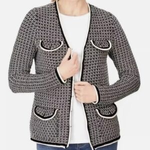 Talbots Womens Tipped Tweed Sweater Jacket Cardigan Black White size XL nwot